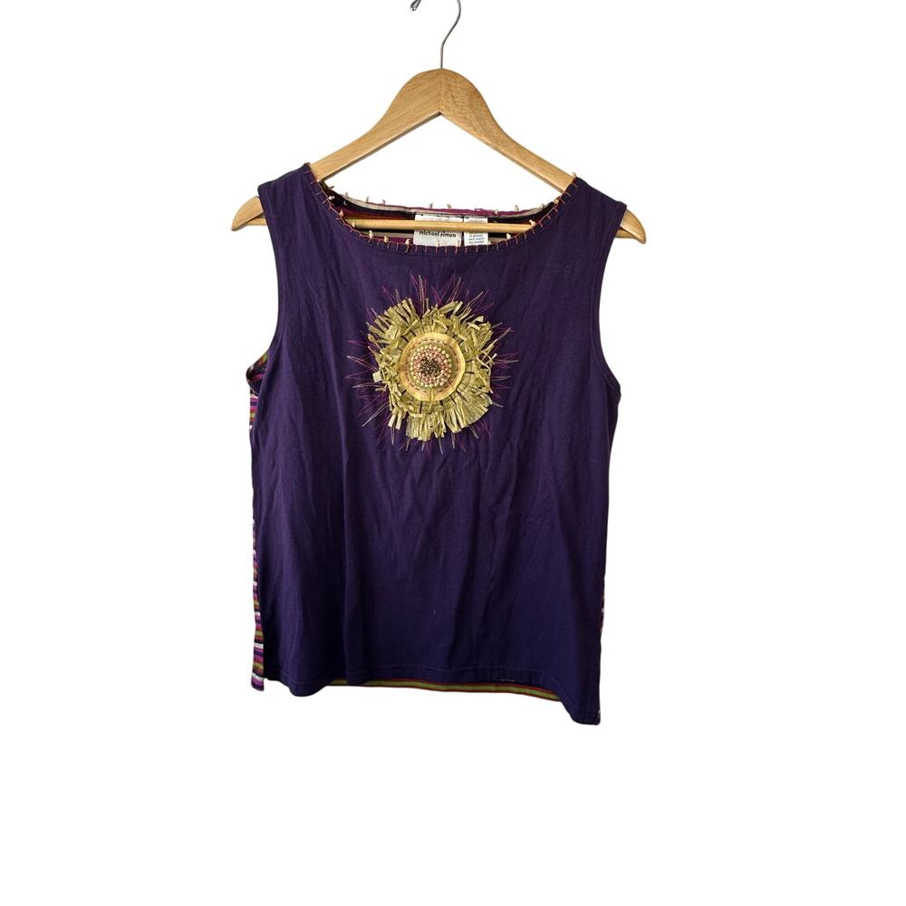 Michael Simon Tank Top Embellished Sun Sunflower Sleeveless Top Size Medium